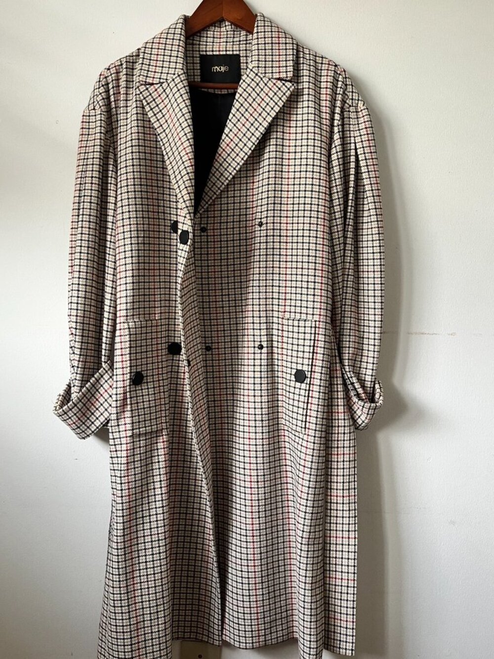 Maje Paris Long Plaid Checked Belted Brown Trench Coat FR 38 S/M Like New - Picture 4 of 16